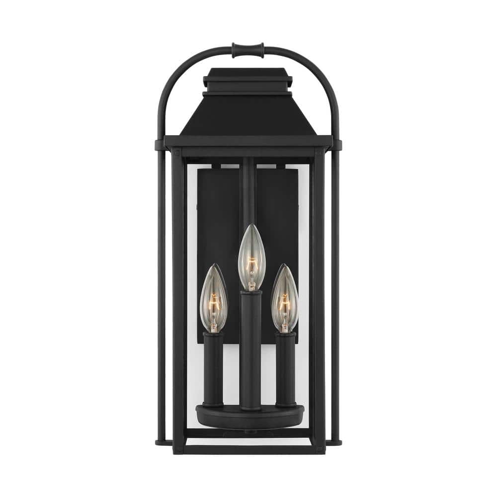 Textured Black 3-Light Outdoor Wall Sconce with Clear Glass Panels
