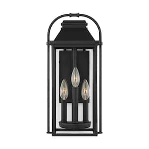Wellsworth Small 3-Light Textured Black Outdoor Wall Lantern Sconce with Clear Glass