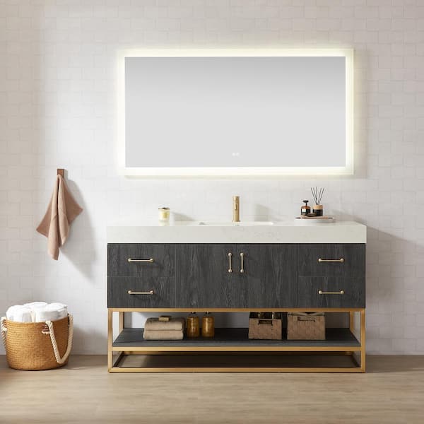 ROSWELL Alistair 60 in. W x 22 in. D x 33.9 in. H Single Sink Bath Vanity in North Black Oak with White Grain Stone Top