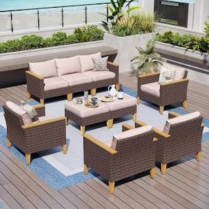 Brown Wicker Rattan 9 Seat 9-Piece Steel Patio Outdoor Sectional Set with Beige Cushions and 2 Ottomans