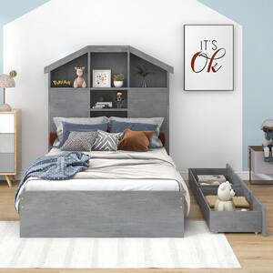Gray Wood Frame Twin Size Platform Bed with 2-Under-Bed Drawers, House-Shaped Headboard with Shelves
