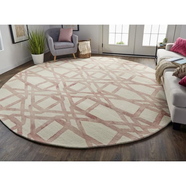 10 ft. Round Pink, Ivory Abstract Area Rug
