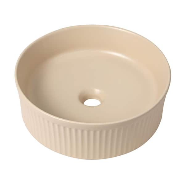 Element 14.75 in. W x 14.75 in. D Modern Designer Round Fluted Ceramic Bathroom Vessel Sink, Matte Beige