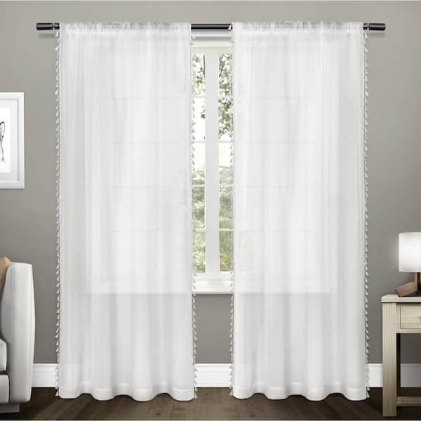 EXCLUSIVE HOME - Tassels Winter White Solid Sheer Rod Pocket Curtain, 54 in. W x 84 in. L (Set of 2)