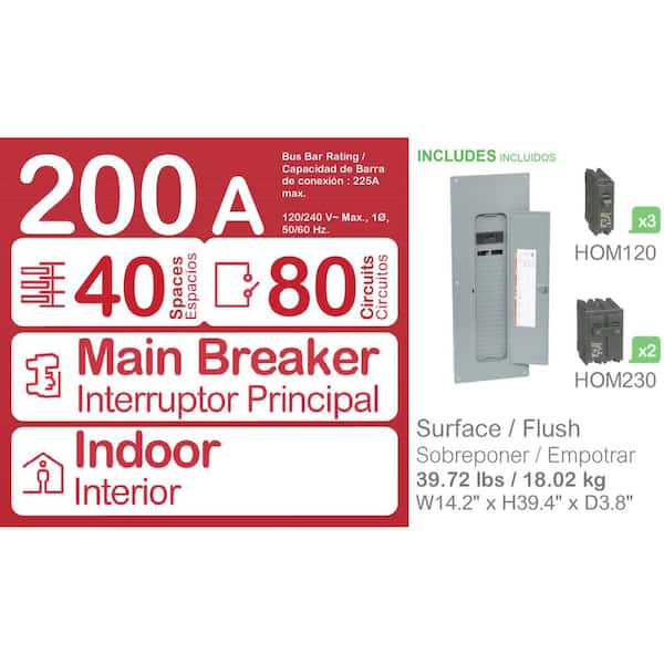 Homeline 200 Amp 40-Space 80-Circuit Panel w/ 3-20 Amp Single Pole, 2-30 Amp Double Pole Breakers, Cover-Value Pack