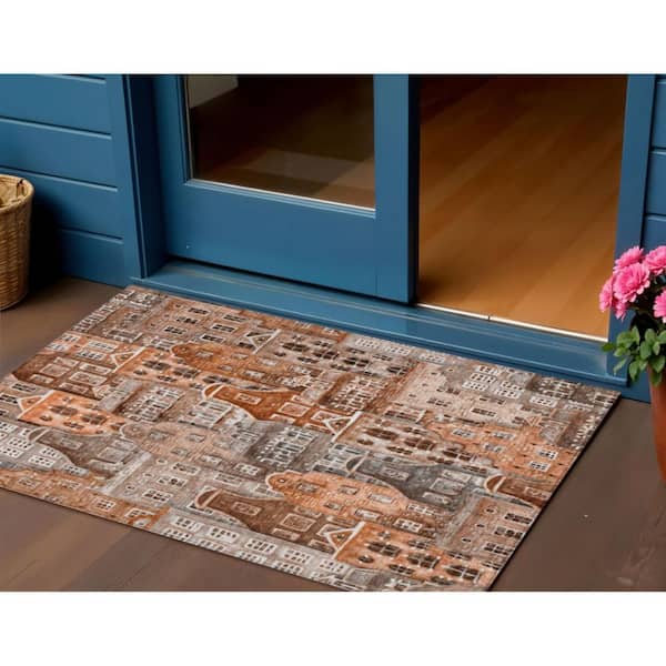 Orange, Copper, Salmon 3 ft. x 5 ft. Woven Geometric Polyester Rectangle Indoor/Outdoor Area Rug