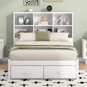 White Wood Frame Full Size Platform Bed with 2-Drawer, Headboard including Built-in Shelves, USB Charging Station