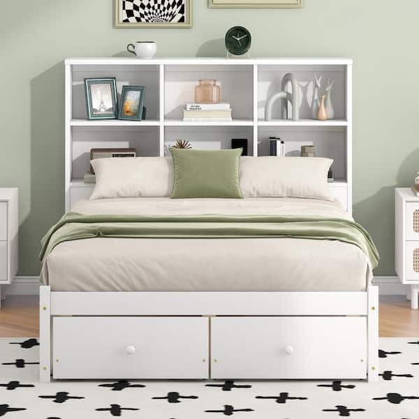 Harper & Bright Designs White Wood Frame Full Size Platform Bed with 2-Drawer, Headboard including Built-in Shelves, USB Charging Station