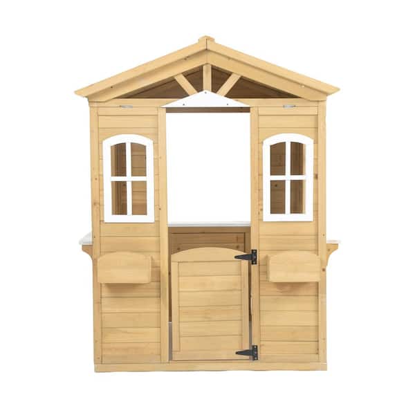 Tunearary Outdoor Patio Cedar Children's Playhouse with 1 Door, 2 Windows, 2 Planter Shelves and 2 Open Service Benches