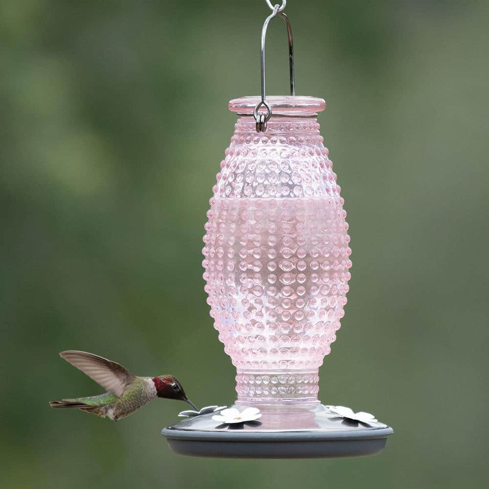 Cranberry Hobnail Glass and Metal Hummingbird Feeder