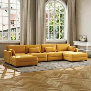 160 in. Square Arm 6-piece Corduroy Upholstered U-Shaped Sectional Sofa in Orange