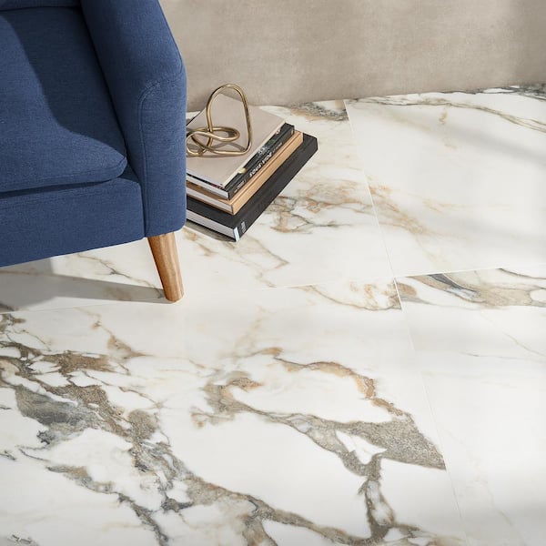 Saroshi Calacatta Rustico 23.62 in. x 47.24 in. Polished Marble Look Porcelain Floor and Wall Tile (15.5 sq. ft./Case)