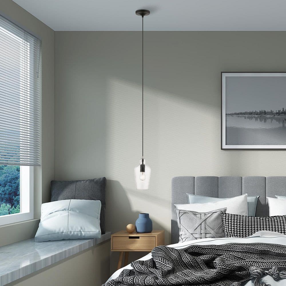 Avery Transitional Mini Pendant in Black and Brushed Nickel with Clear Glass