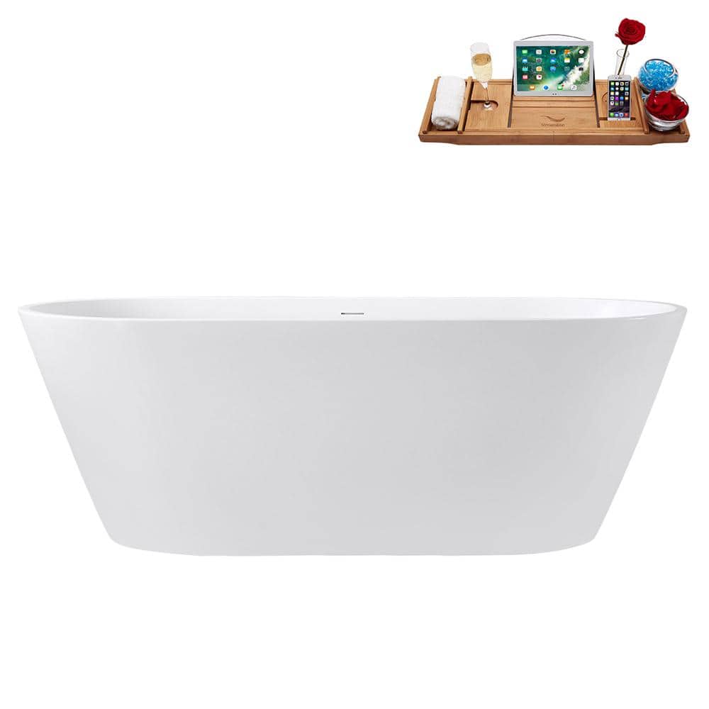 59 in. x 30 in. Acrylic Freestanding Soaking Bathtub in Glossy White with Matte Oil Rubbed Bronze Drain, Bamboo Tray price history on PriceWatchPro