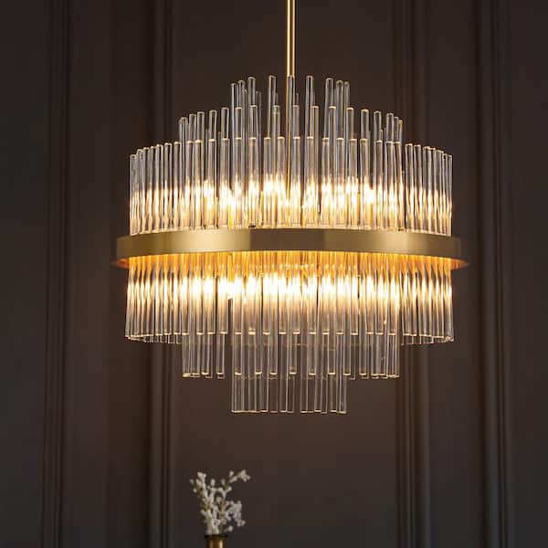 RRTYO Reith 12-Light Modern Glam Gold Linear Drum Crystal Chandelier 3-Tier Tapered Round Chandelier for Dining Room