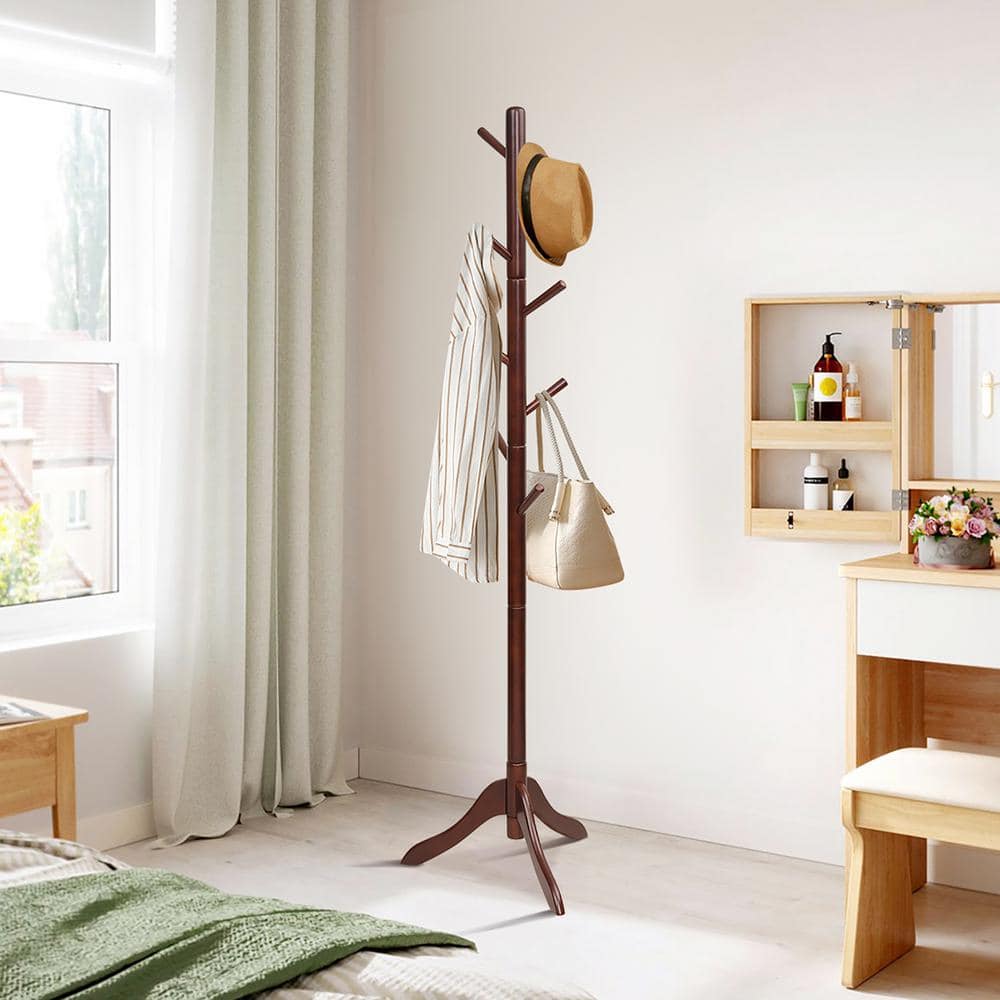 Adjustable Brown Rubber Wood Coat Rack with 8 Hooks