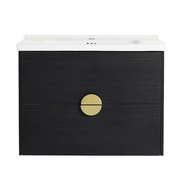 FUNKOL 28 in. Wall-Mounted Plywood Black Bathroom Cabinet with 1 White ...