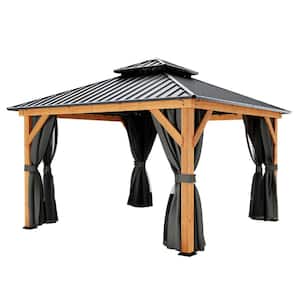 12 ft. x 12 ft. Double Roof Hardtop Wood Gazebo with Netting and Gray Curtains
