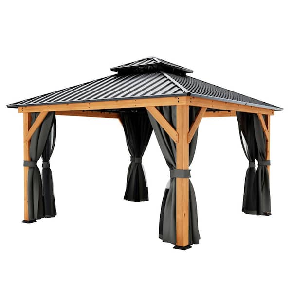 EGEIROS LIFE 12 ft. x 12 ft. Double Roof Hardtop Wood Gazebo with Netting and Gray Curtains