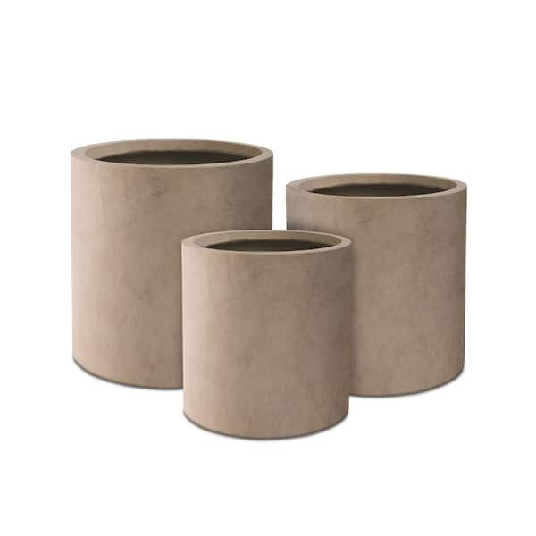 KANTE 15.8", 12.9", and 9.8"H Cylindrical Weathered Finish Concrete Modern Planter Set of 3 Outdoor Indoor w/ Drainage Hole