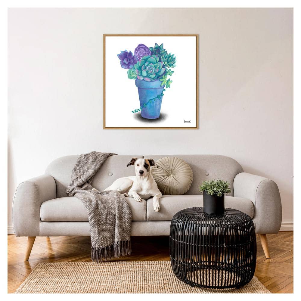 Turquoise and Purple Succulents Canvas Print with Maple Frame