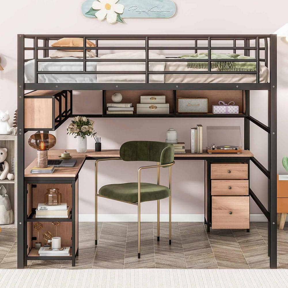 Black Metal Full Loft Bed with Bookcase and Desk