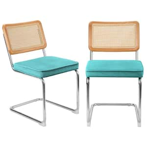 Upholstered Rattan Outdoor Dining Side Chairs with Cane Backrest, Chromed Metal Frame and Aqua Blue Cushion (Set of 2)