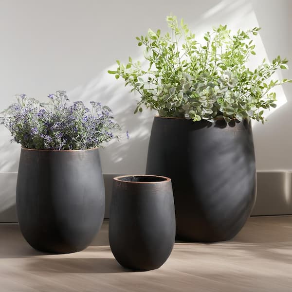 20 in. H Weathered Concrete Tall Planter Pot Black (Set of 3)