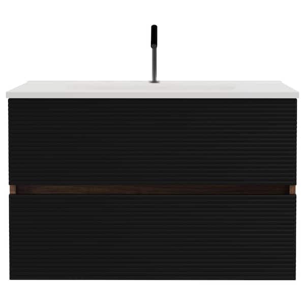 Ziyudura 30 in. Single Sink Floating Black Bath Vanity with White Ceramic Top (Assembled), DTC Soft-closing Drawer
