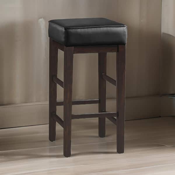 Benjara 30.5 in. Black and Espresso Brown Backless Wood Frame Bar Stool with Faux Leather Seat (Set of 2)