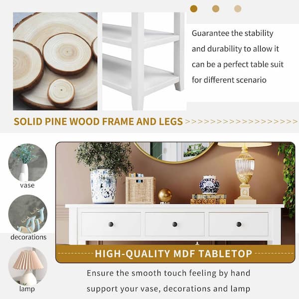 50 in. Antique White Rectangle Wood Console Table with Two Open Shelves and Legs for Living Room