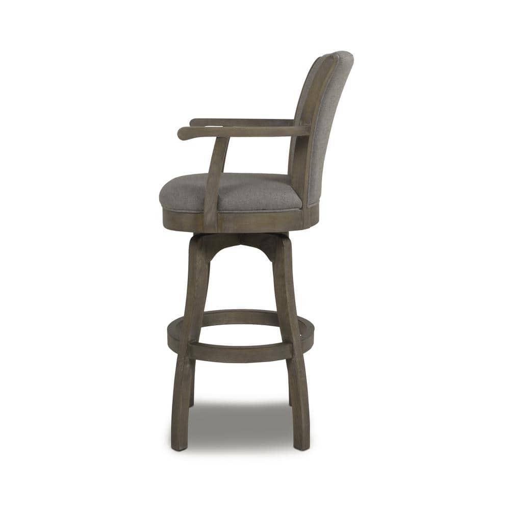Distressed Wood Swivel Bar Stool with Gray Leather Cushion and Armrests