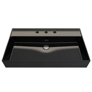 Milano Wall-Mounted Black Fireclay Rectangular Bathroom Sink 32 in. 3-Hole with Overflow