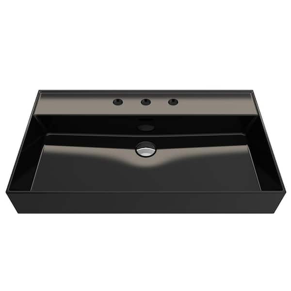 BOCCHI Milano Wall-Mounted Black Fireclay Rectangular Bathroom Sink 32 in. 3-Hole with Overflow