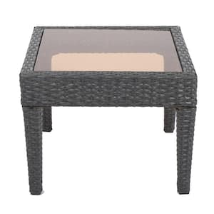 Outdoor Pe Wicker Glass Top Side Table for Patio Garden Any Combination Grey