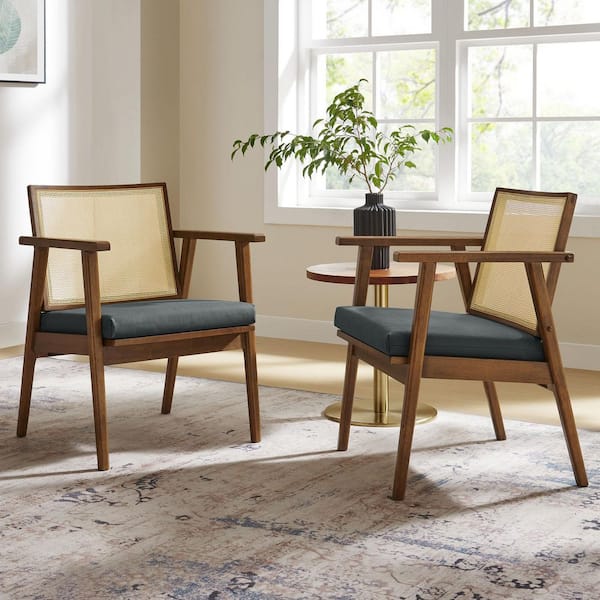 MODWAY Thera Vegan Leather and Cane Accent Armchairs Set of 2 in Walnut Black