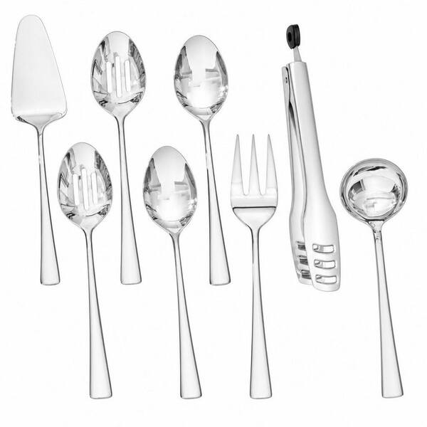 8-Piece Stainless Steel Serving Utensils Set for Buffet, Parties, Kitchen, Slotted Spoon, Fork, Tong, Ladle, Cake Server