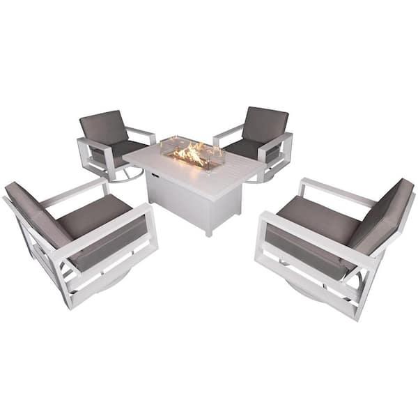 PATIOPTION 5-Piece Aluminum Patio Conversation Set with Gray Cushions and White 55.12 in. Fire Pit Table - 4 Swivel