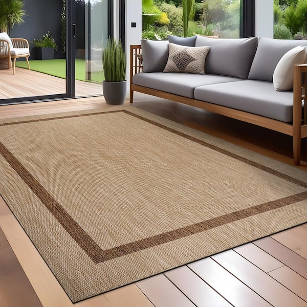 Waikiki Beige/Brown 9 ft. x 12 ft. Bordered Indoor Outdoor Area Rug