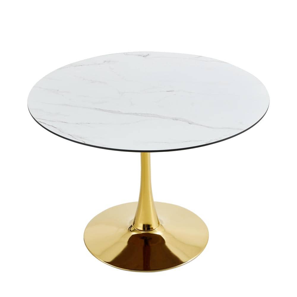 31.5 in. White Round Outdoor Dining Table Living Room Table Golden Legs for