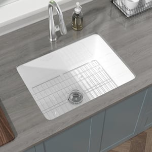 White Fireclay Kitchen Sink 24 in. Drop-In/Undermount Dual Mount Single Bowl Kitchen Sinks with Sink Grid and Strainer