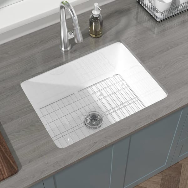HOMLYLINK White Fireclay Kitchen Sink 24 in. Drop-In/Undermount Dual Mount Single Bowl Kitchen Sinks with Sink Grid and Strainer
