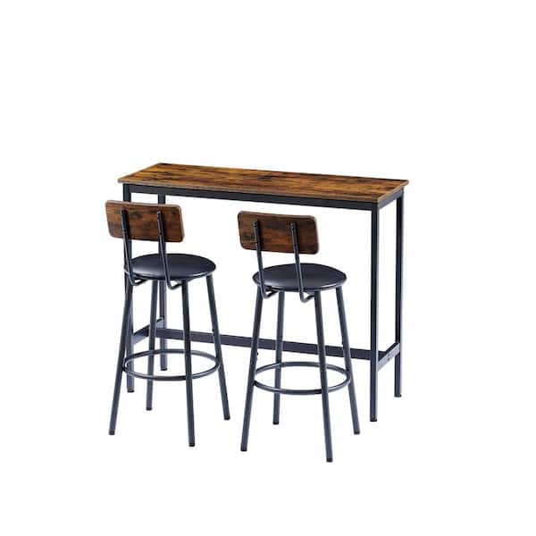 URTR 3-Piece Rectangular Rustic Brown Wood Bar Table Set with 2 Bar Stools Faux Leather Seat with Back and Footrest Seats 2
