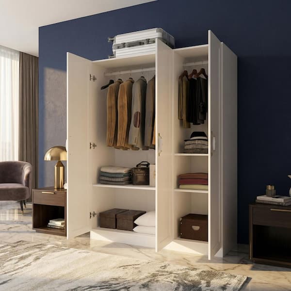 White 3-Doors Armoires Wardrobe with Hanging Rod and Storage Cubes 69.6 in. H x 47.2 in. W x 19.6 in. D