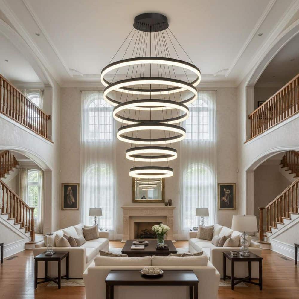 YANSUN 7-Light Modern Ring Black LED Chandelier, Dimmable