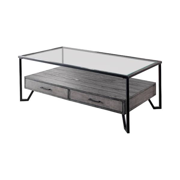 Furniture of America Vihaan 48 in. Gray/Black/Clear Large Rectangle Glass Coffee Table with Drawers