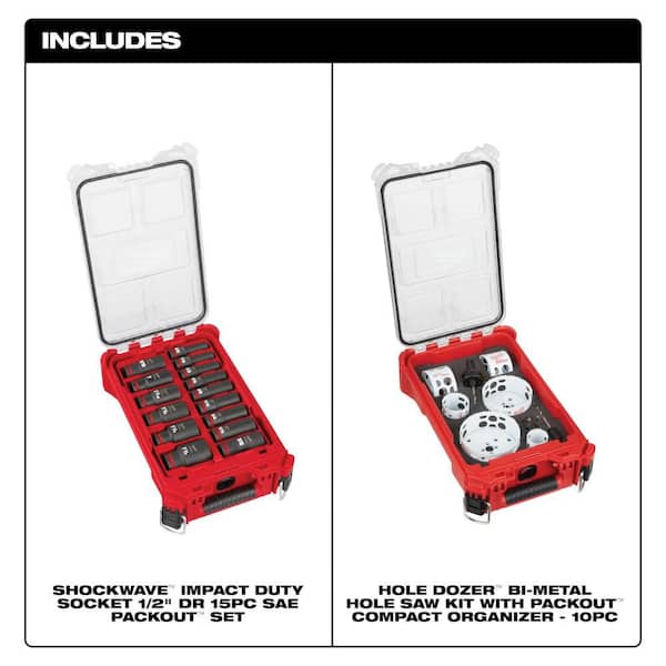 SHOCKWAVE Impact-Duty 1/2 in. Drive SAE Deep Well Impact Socket Set & Hole Saw Set with PACKOUT Organizer (25-Piece)