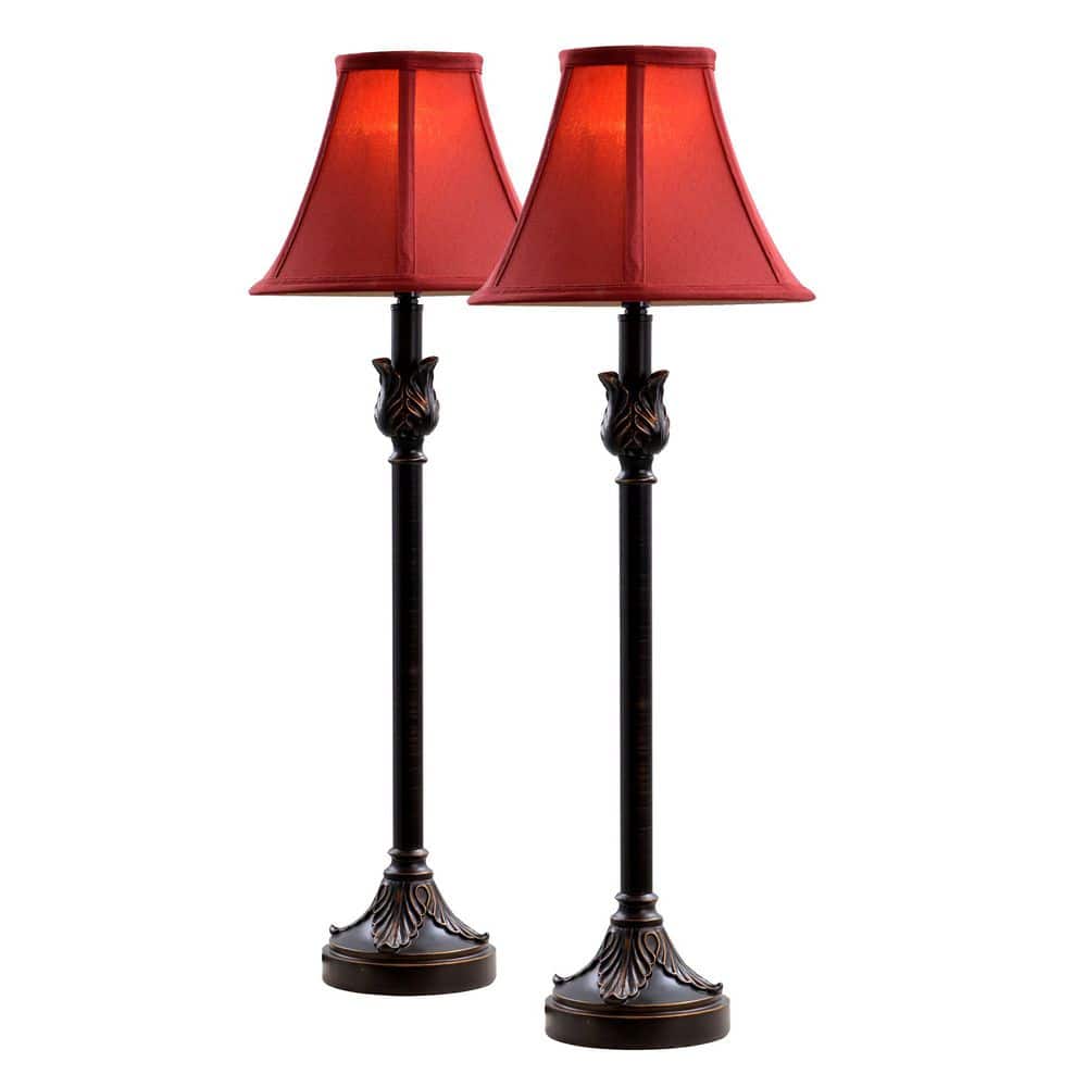 Bronze Buffet Table Lamp Set with Burgundy Fabric Shades