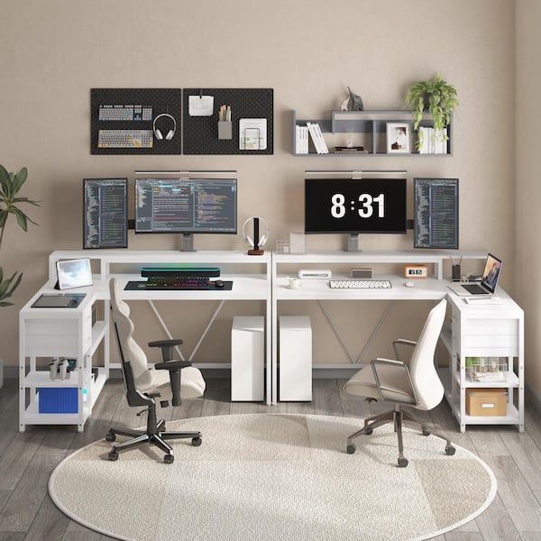 BYBLIGHT Lanita 55.1 in. Reversible L Shaped Desk White Engineered Wood 2-Drawer Computer Desk Storage Shelves