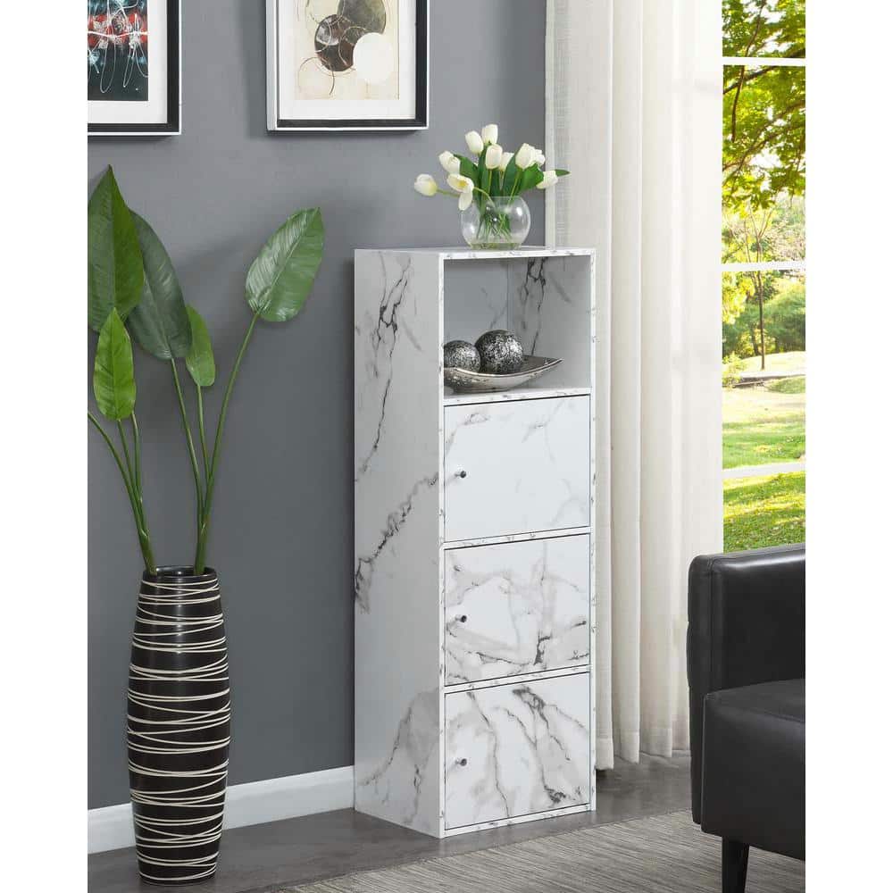 White Faux Marble 3-Door Office Storage Cabinet with Adjustable Shelving